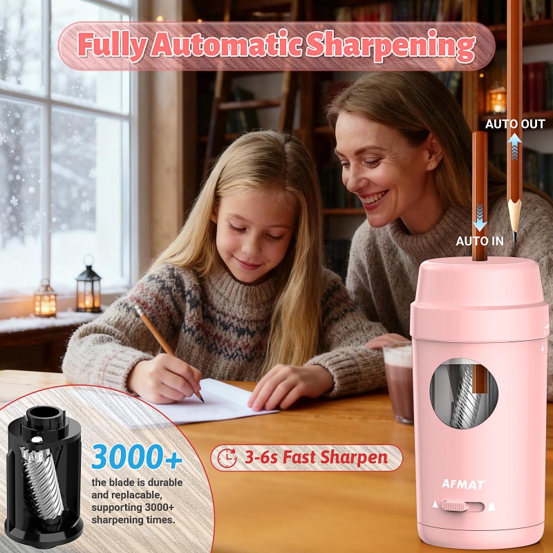 AFMAT Electric Pencil Sharpener, Auto in & Out, Fully Automatic Pencil Sharpener for Colored Pencils, Rechargeable Hands-Free Sharpeners for Ï†7-8mm Pencils, Good for Classroom/Home PSX8(Light Pink) - Image 2