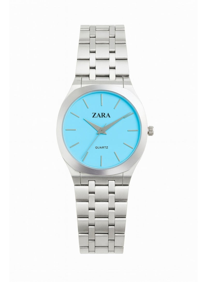 ZARA Quartz Analog Wristwatch for Men – Stainless Steel Bracelet, Turquoise Dial