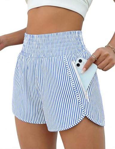 BMJL Womens Athletic Shorts High Waisted Running Short Pocket 25 Sporty Shorts Gym Elastic Workout ShortsLBlue Striped - Image 1