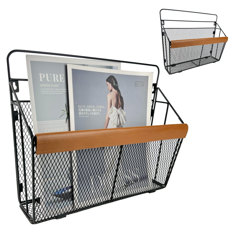 Pubgeer Wall Mounted Magazine Rack with Leather Trim Decorative Art Wall Magazine Holder Hanging Paper Organizer Metal Wire Magazine Organizer for Home Office 2 Packs - Image 2