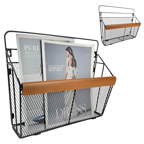 Pubgeer Wall Mounted Magazine Rack with Leather Trim Decorative Art Wall Magazine Holder Hanging Paper Organizer Metal Wire Magazine Organizer for Home Office 2 Packs - Image 1