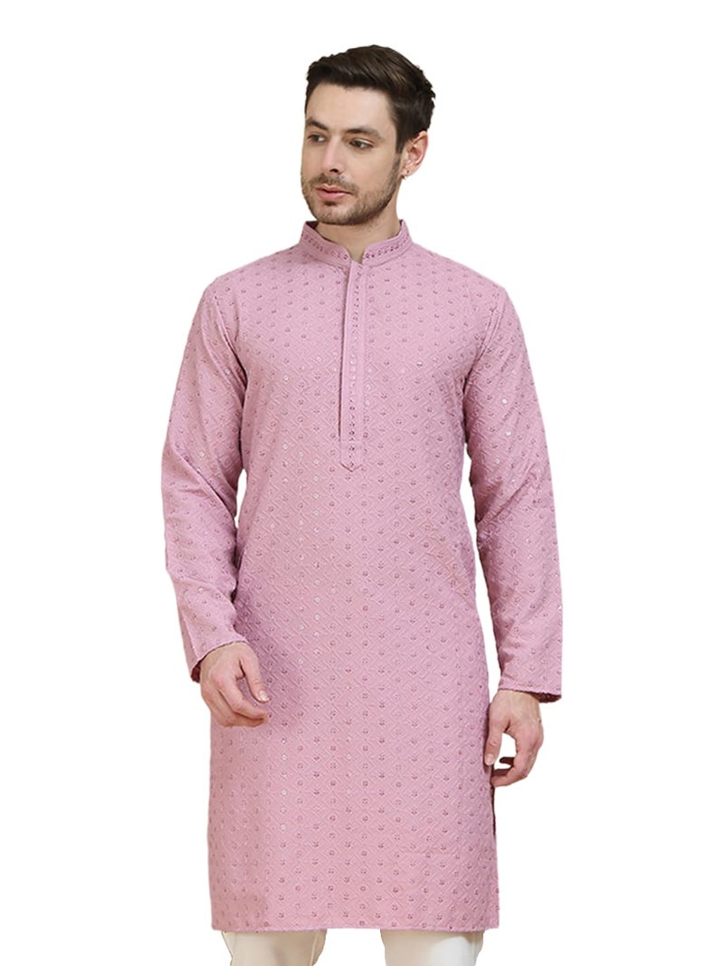 Jompers Embroidered Cotton Kurta for Men in Pink - Image 1