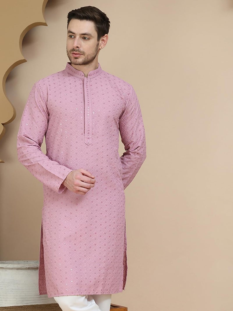 Jompers Embroidered Cotton Kurta for Men in Pink - Image 5