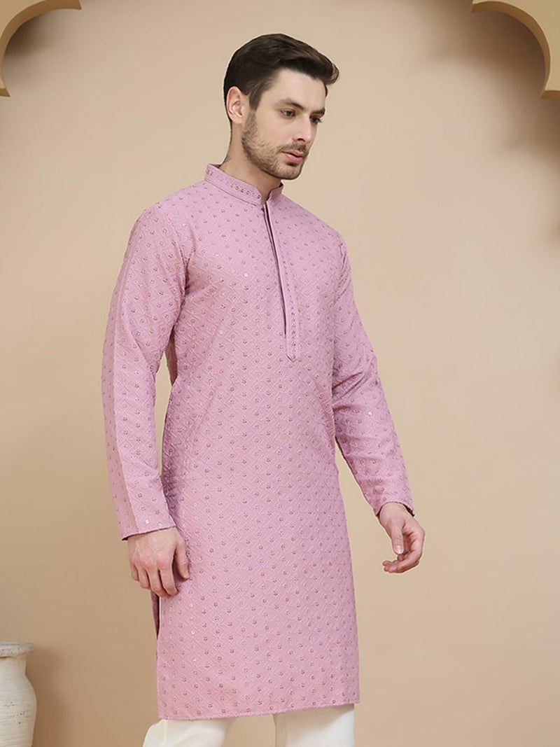 Jompers Embroidered Cotton Kurta for Men in Pink - Image 4