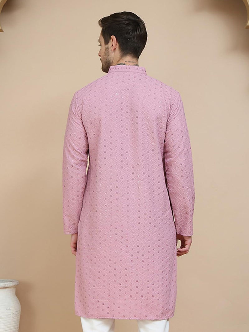 Jompers Embroidered Cotton Kurta for Men in Pink - Image 3