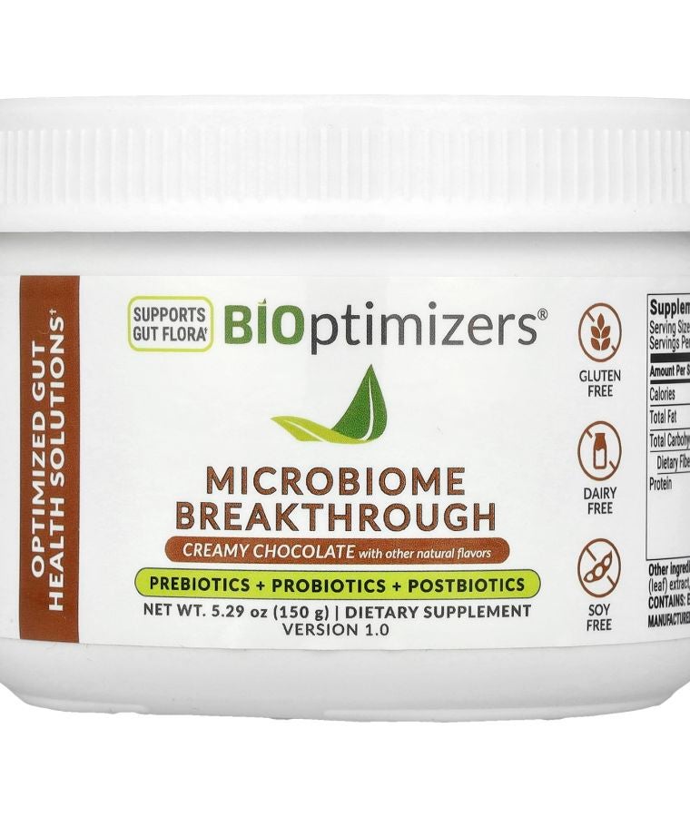 BiOptimizers Microbiome Breakthrough Prebiotics + Probiotics + Postbiotics Creamy Chocolate 5.29 oz (150 g)
