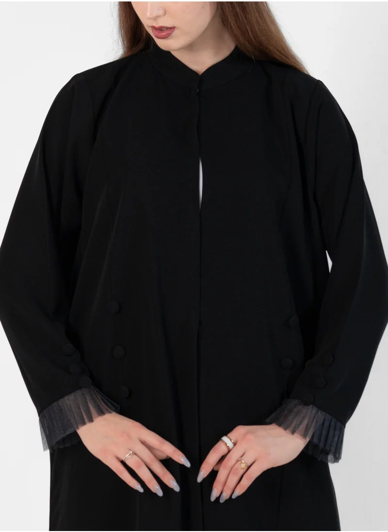 Rosette Abaya Abaya with Button style and pleated design on sleeves