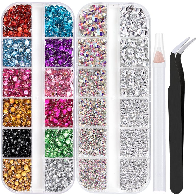 Two Packs of Flatback Rhinestones 4520 Pcs Crystal Colorful Rhinestones for Nails Multicolored ABTransparent White Gems with Picker Tools for Bedazzling Nail Crafting Face Makeup