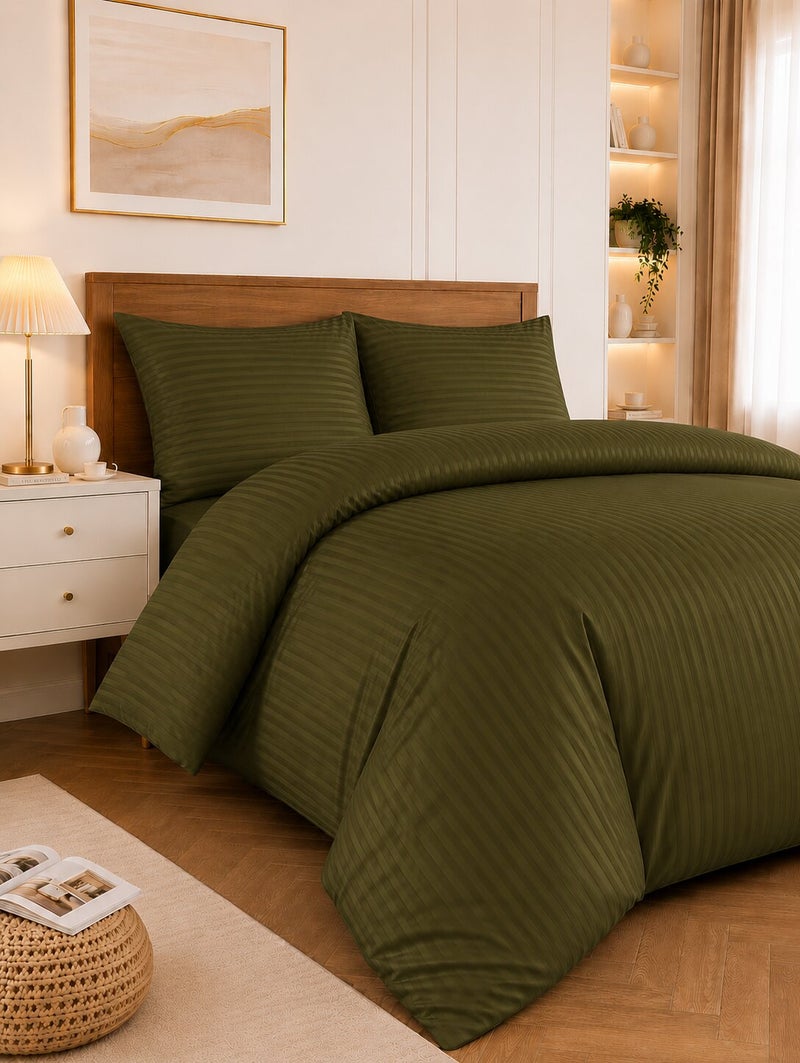 Aristocrat 3-Piece Stripe Microfiber Duvet Cover Set | Single | Includes 1 Duvet Cover (160x220cm) & 2 Pillowcases (53x75+15cm) | Ultra Soft, Breathable & Wrinkle Resistant | olive - Image 1