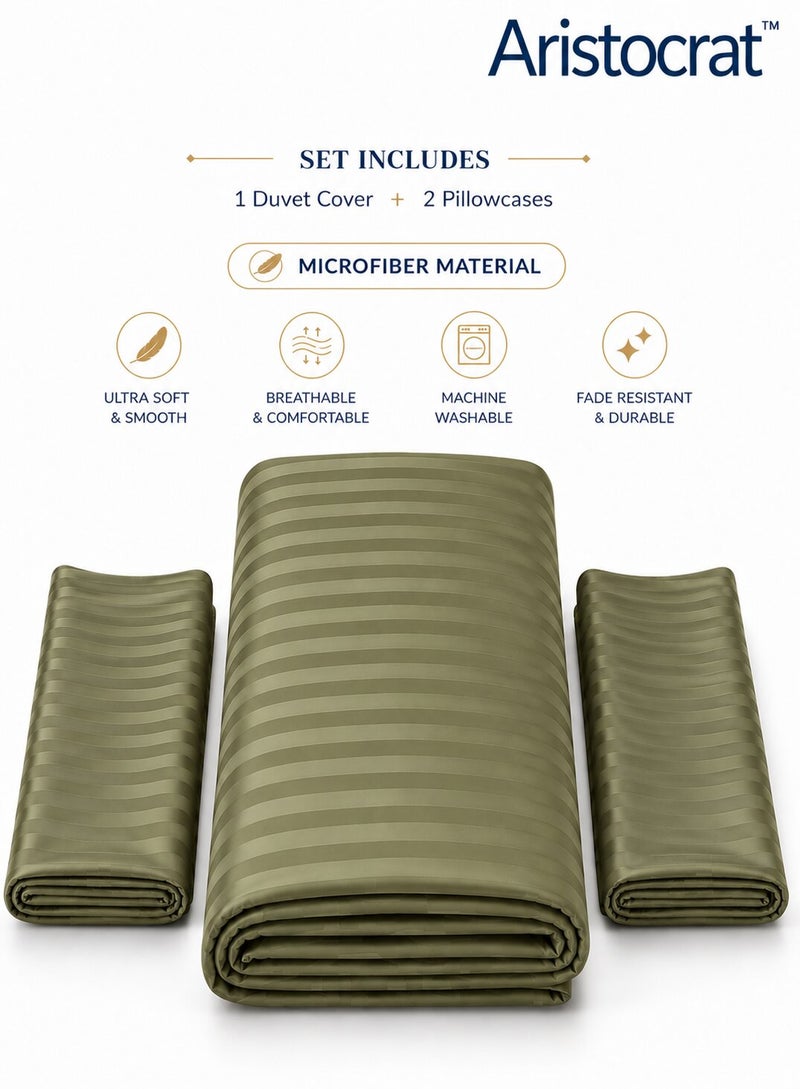 Aristocrat 3-Piece Stripe Microfiber Duvet Cover Set | Single | Includes 1 Duvet Cover (160x220cm) & 2 Pillowcases (53x75+15cm) | Ultra Soft, Breathable & Wrinkle Resistant | olive - Image 2