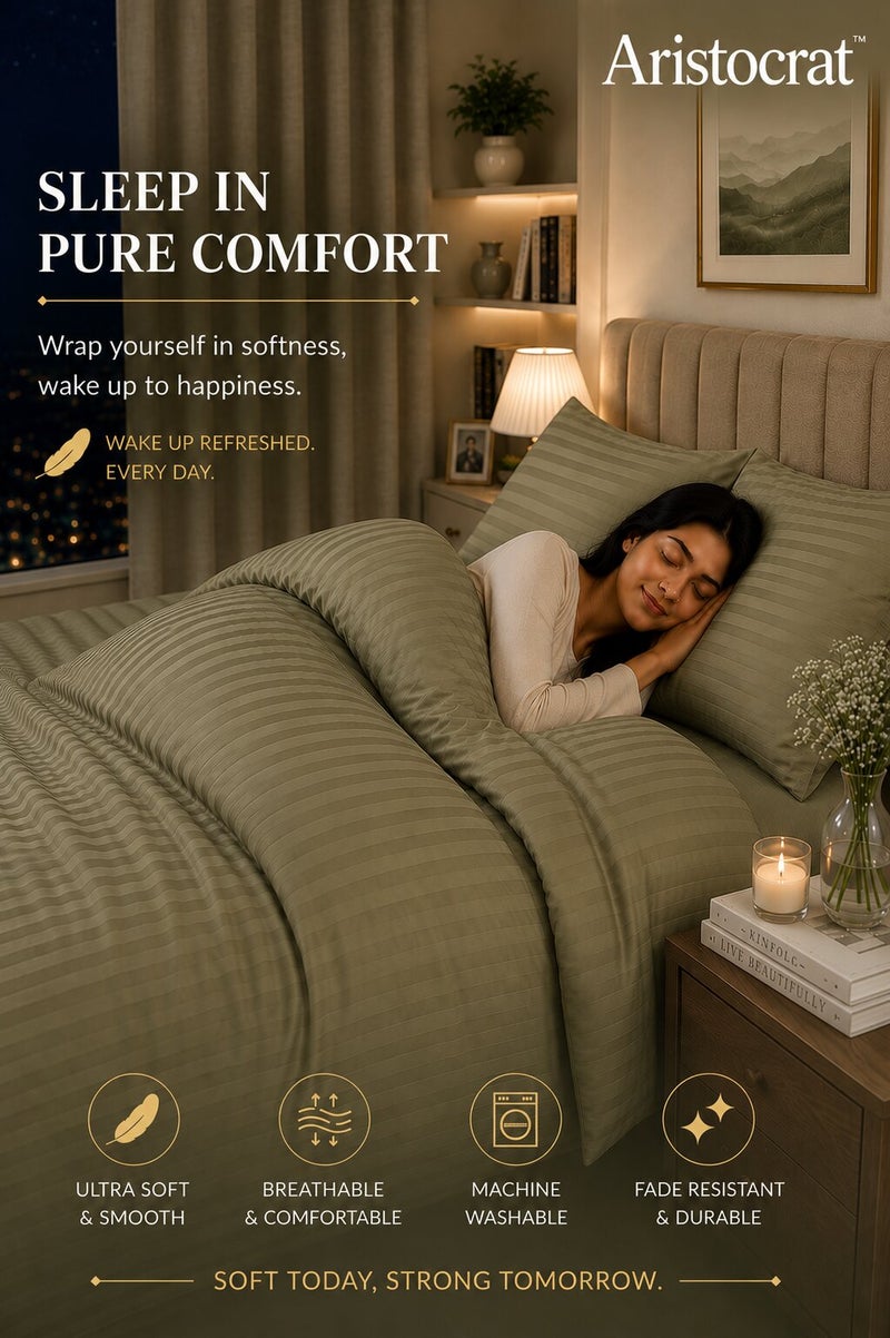 Aristocrat 3-Piece Stripe Microfiber Duvet Cover Set | Single | Includes 1 Duvet Cover (160x220cm) & 2 Pillowcases (53x75+15cm) | Ultra Soft, Breathable & Wrinkle Resistant | olive - Image 3