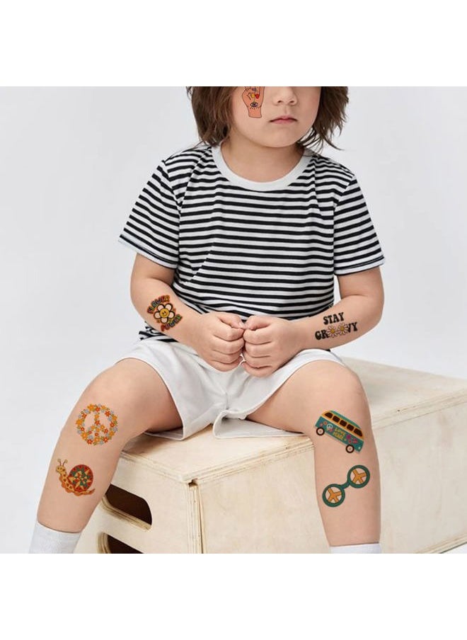 CHARLENT - Hippie Temporary Tattoos for Kids - 79 PCS Groovy 70s Flower Power Peace and Love Tattoos for Boys Girls Birthday Party Supplies - Image 1