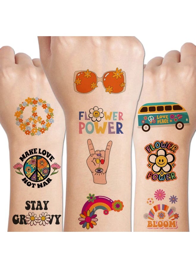 CHARLENT - Hippie Temporary Tattoos for Kids - 79 PCS Groovy 70s Flower Power Peace and Love Tattoos for Boys Girls Birthday Party Supplies - Image 1
