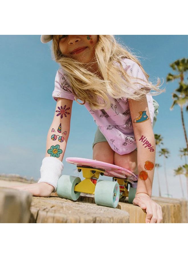 CHARLENT - Hippie Temporary Tattoos for Kids - 79 PCS Groovy 70s Flower Power Peace and Love Tattoos for Boys Girls Birthday Party Supplies - Image 1