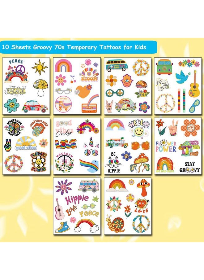 CHARLENT - Hippie Temporary Tattoos for Kids - 79 PCS Groovy 70s Flower Power Peace and Love Tattoos for Boys Girls Birthday Party Supplies - Image 1