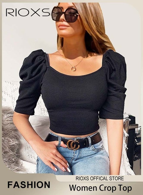 بلوزة نسائية بأكمام منفوخة مكشوفة السرة قميص أنيق برقبة مربعة تيشيرت بنصف أكمام