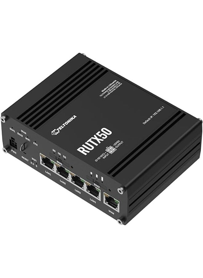 TELTONIKA - Teltonika RUTX50 is a robust industrial-grade 5G router designed for high-speed, reliable connectivity in demanding environments. It supports both 5G NR (Sub-6GHz) SA and NSA architectures, ensuring compatibility with current and future mobile networks - Image 1