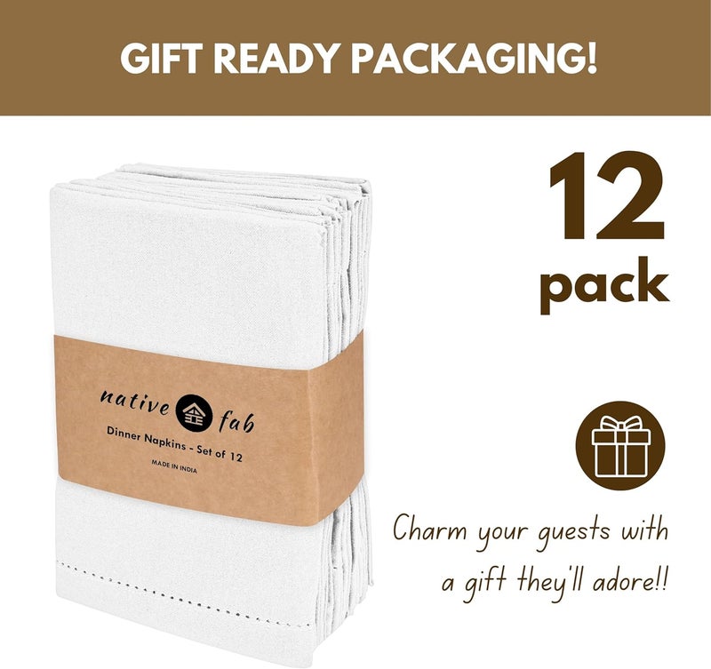 Native Fab Set of 12 Cotton Cloth Napkins 18 x 18 inch Hemstitched Edges with Mitered Corners Soft Absorbent Reusable Table Linen Napkins for Wedding Events Lunch Dinner Parties  White - Image 3