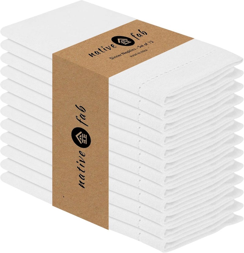 Native Fab Set of 12 Cotton Cloth Napkins 18 x 18 inch Hemstitched Edges with Mitered Corners Soft Absorbent Reusable Table Linen Napkins for Wedding Events Lunch Dinner Parties  White - Image 1
