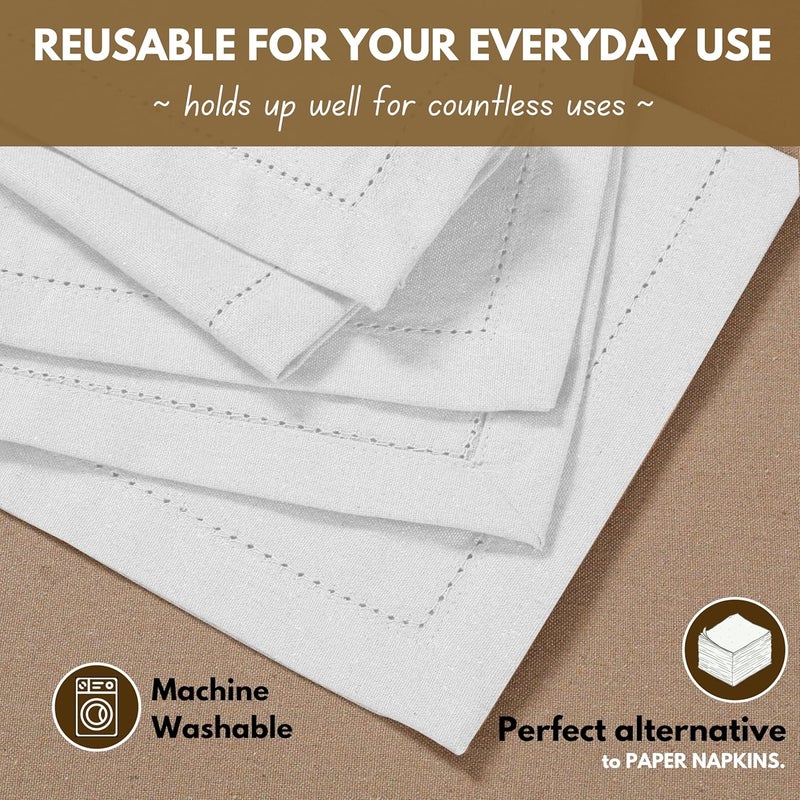 Native Fab Set of 12 Cotton Cloth Napkins 18 x 18 inch Hemstitched Edges with Mitered Corners Soft Absorbent Reusable Table Linen Napkins for Wedding Events Lunch Dinner Parties  White - Image 4