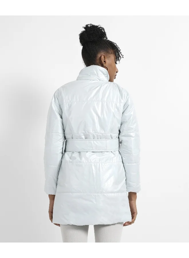 Campus Sutra Women's Silver Metallic Belted Long Puffer With Tie-Up Waist
