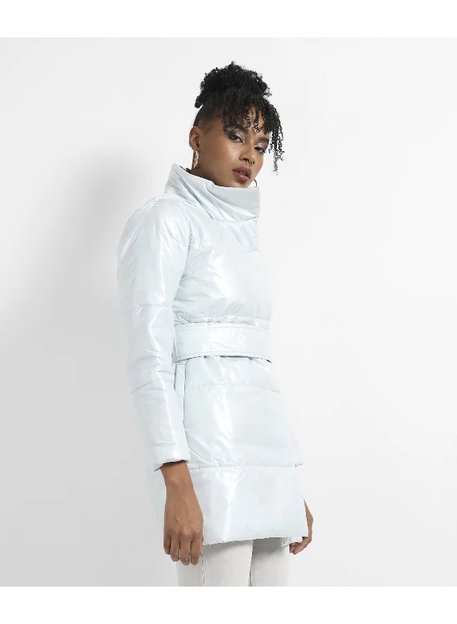 Campus Sutra Women's Silver Metallic Belted Long Puffer With Tie-Up Waist