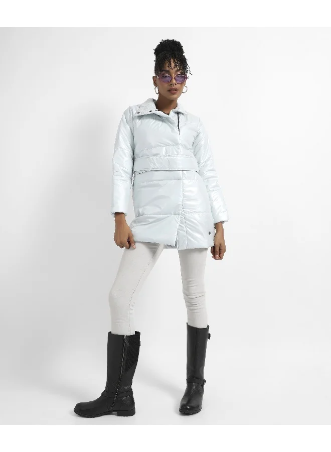 Campus Sutra Women's Silver Metallic Belted Long Puffer With Tie-Up Waist