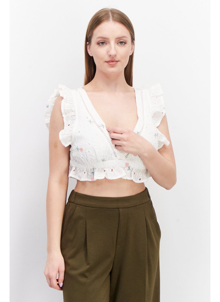 LOST INK Women V-Neck Ruffle Sleeves Eyelet Tops, White  - Image 1