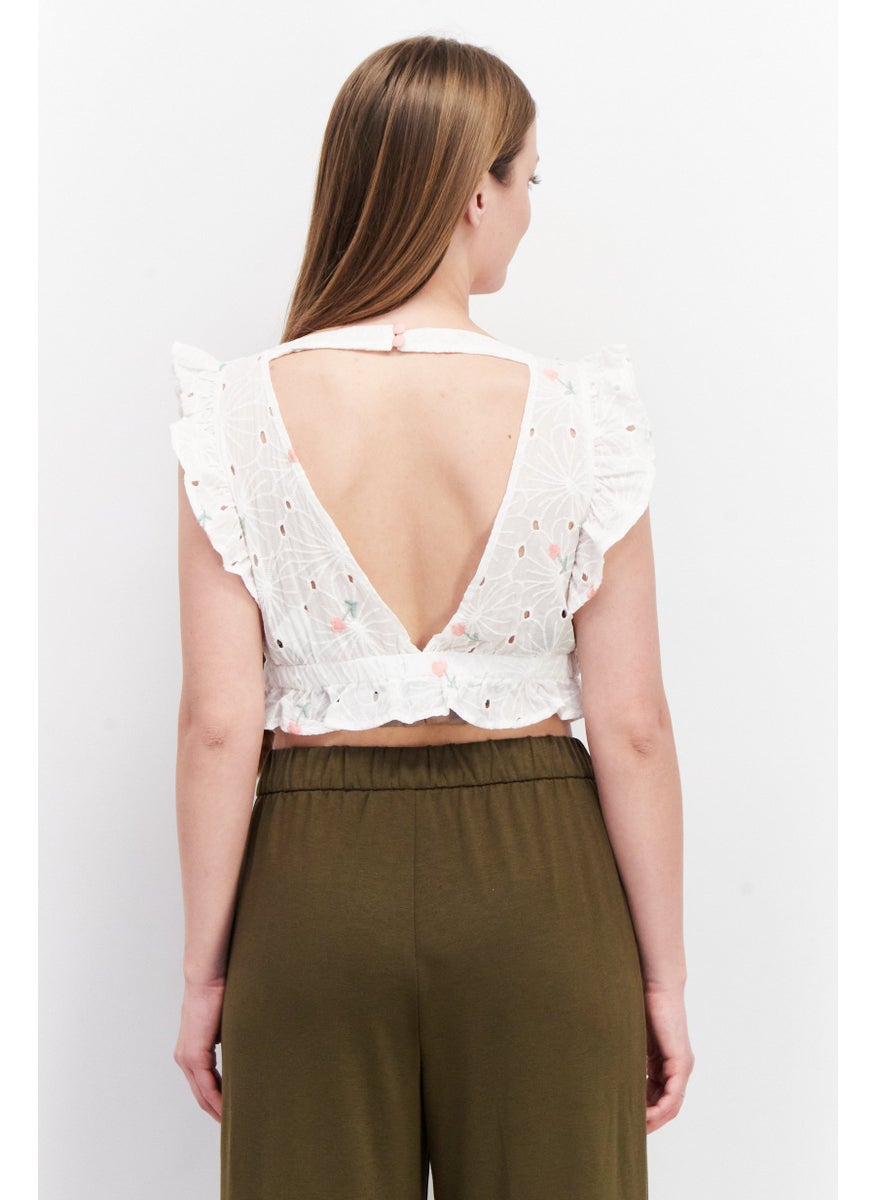 LOST INK Women V-Neck Ruffle Sleeves Eyelet Tops, White  - Image 4