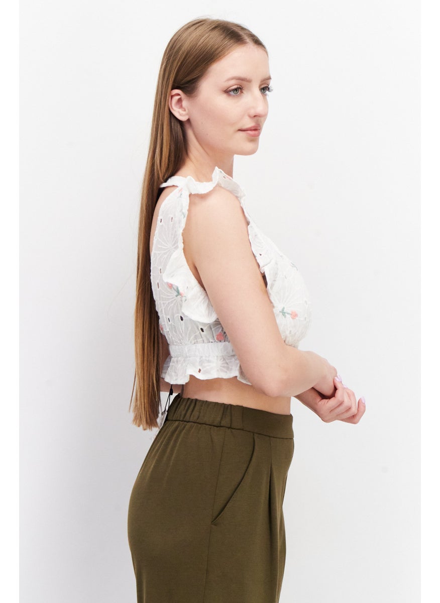 LOST INK Women V-Neck Ruffle Sleeves Eyelet Tops, White  - Image 2