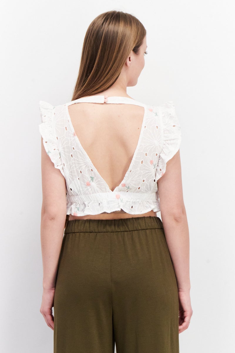 LOST INK Women V-Neck Ruffle Sleeves Eyelet Tops, White - Image 4