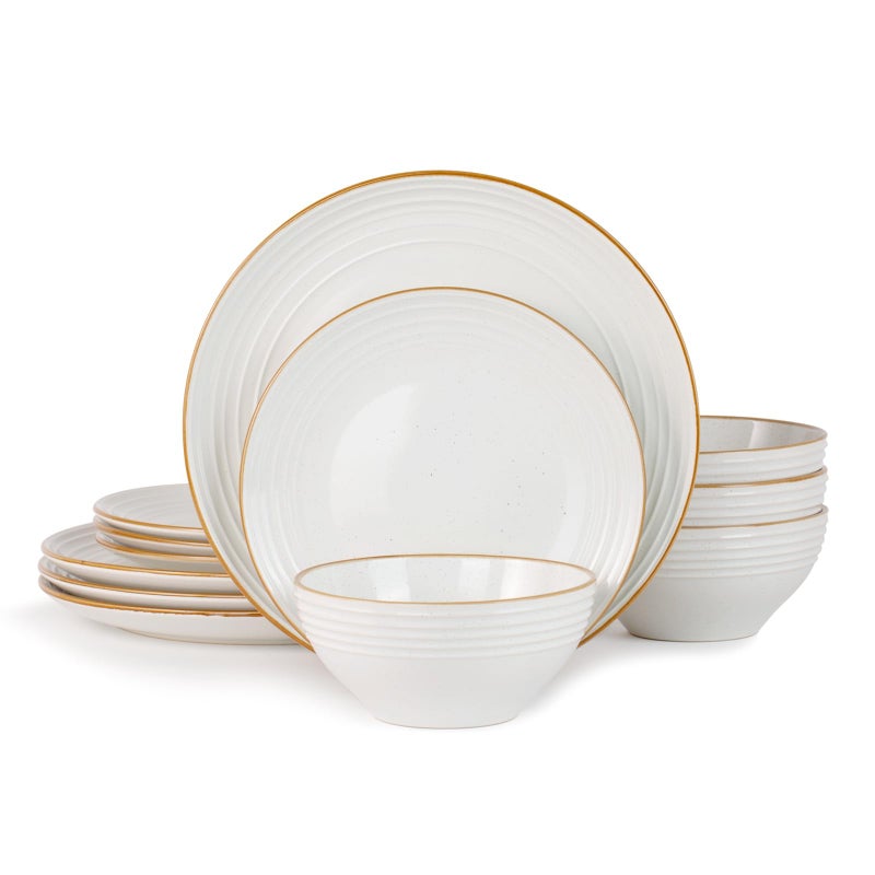 Famiware Jupiter Stoneware Dinnerware Sets, Handcrafted Plates and Bowls with Embossed Swirl & Speckles, White - Chip & Scratch Resistant, Dishwasher & Microwave Safe Modern Dishes for 4 (12-Piece) - Image 1
