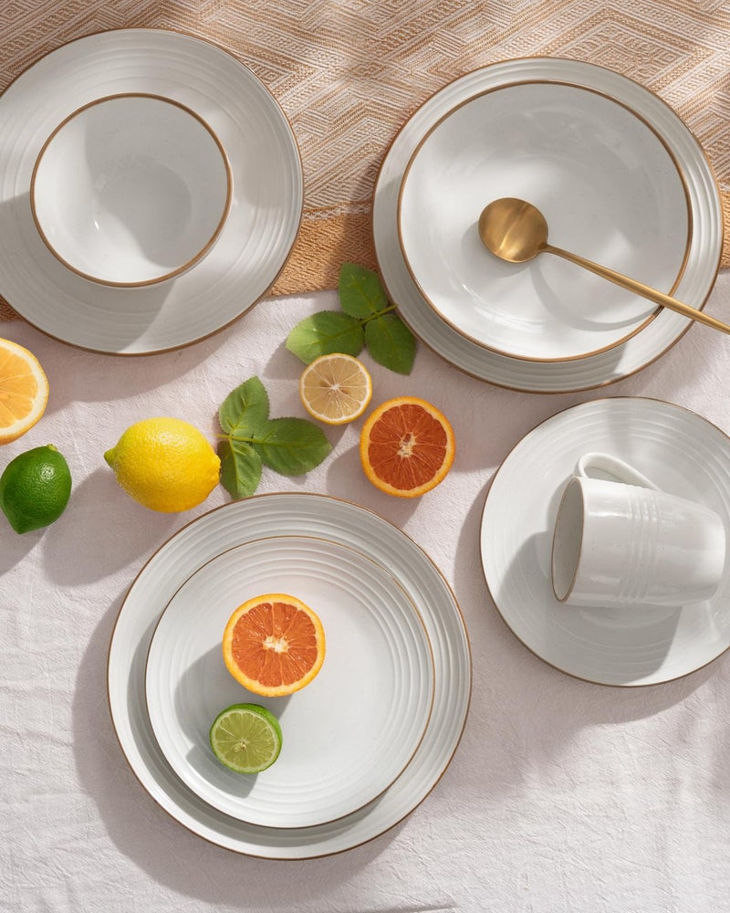 Famiware Jupiter Stoneware Dinnerware Sets, Handcrafted Plates and Bowls with Embossed Swirl & Speckles, White - Chip & Scratch Resistant, Dishwasher & Microwave Safe Modern Dishes for 4 (12-Piece) - Image 3