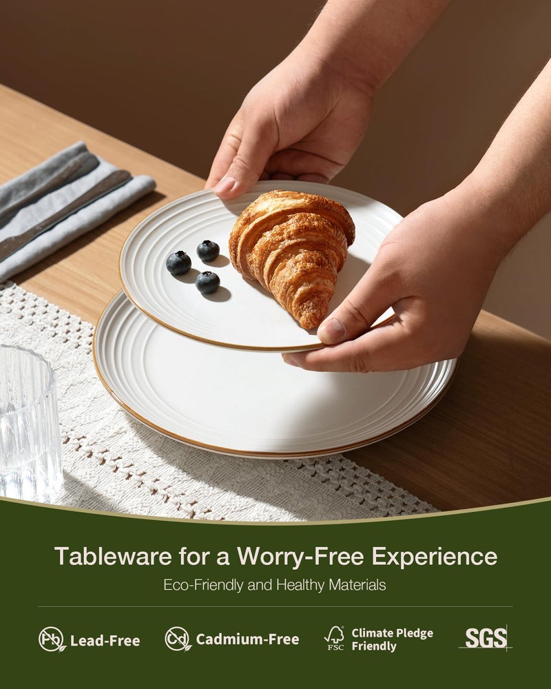 Famiware Jupiter Stoneware Dinnerware Sets, Handcrafted Plates and Bowls with Embossed Swirl & Speckles, White - Chip & Scratch Resistant, Dishwasher & Microwave Safe Modern Dishes for 4 (12-Piece) - Image 5