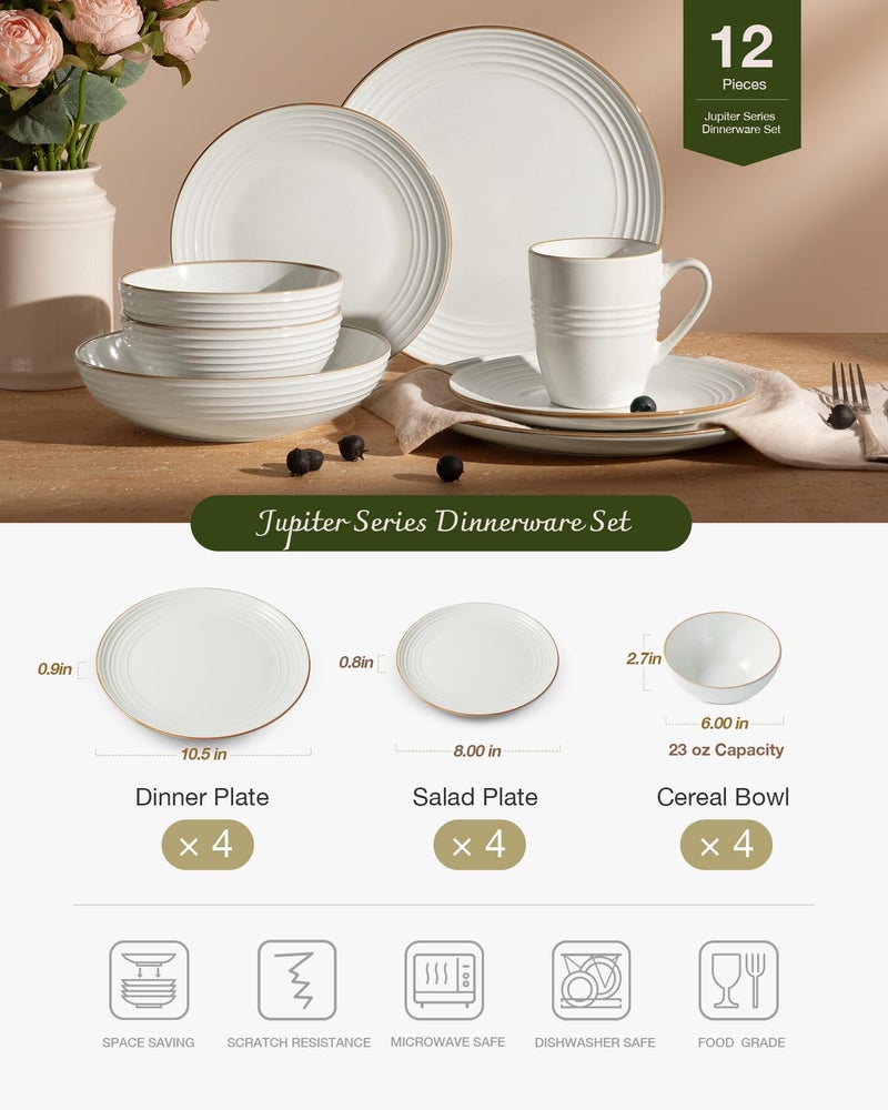 Famiware Jupiter Stoneware Dinnerware Sets, Handcrafted Plates and Bowls with Embossed Swirl & Speckles, White - Chip & Scratch Resistant, Dishwasher & Microwave Safe Modern Dishes for 4 (12-Piece) - Image 4