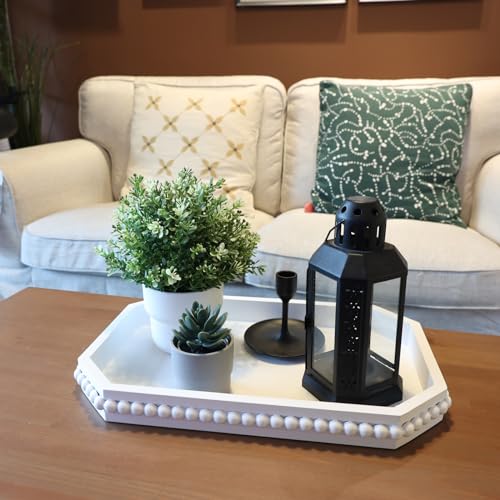 Hrastany White Wood Serving Tray with Beads, Farmhouse Decorative Tray for Table Centerpiece, Christmas Wedding Halloween Home Decor - Image 4