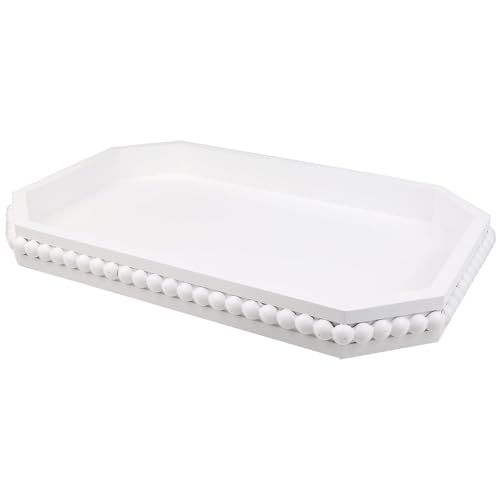 Hrastany White Wood Serving Tray with Beads, Farmhouse Decorative Tray for Table Centerpiece, Christmas Wedding Halloween Home Decor - Image 1