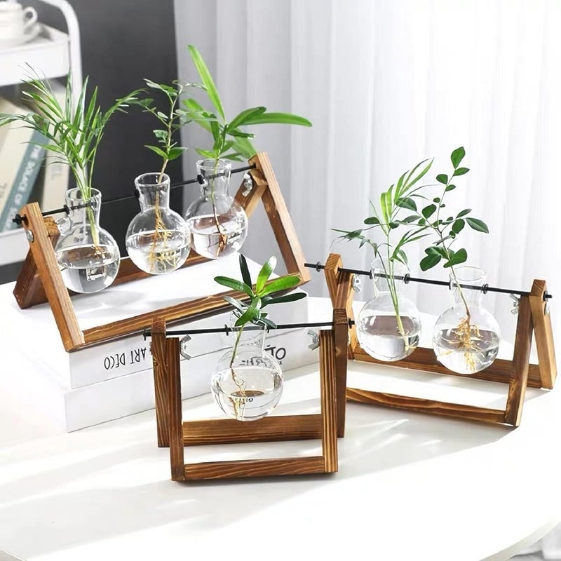Kingbuy Plant Propagation Station Air Plant Terrarium Bulb Vase with Wooden Swivel Holder Desktop Glass Planter for Indoor Water Plants Home Office Tabletop Decor - 1 Bulb Vase - Image 3