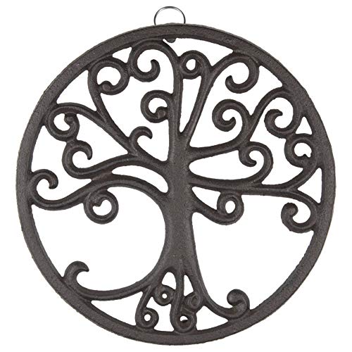 GASARÉ, Cast Iron Trivet for Hot Dishes, Pots, and Pans, Metal Trivet, Tree of Life Design, Rubber Feet Caps, Ring Hanger, 8 Inches, Brown, 1 Unit - Image 1