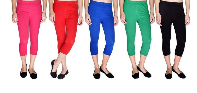 FEELBLUE Premium Cotton Strechable Women's Casual/Gym/Sports 3/4th Capri (Free Size) Combo Pack of 5 (RaniRedRoyalPGreenBlck) - Image 1