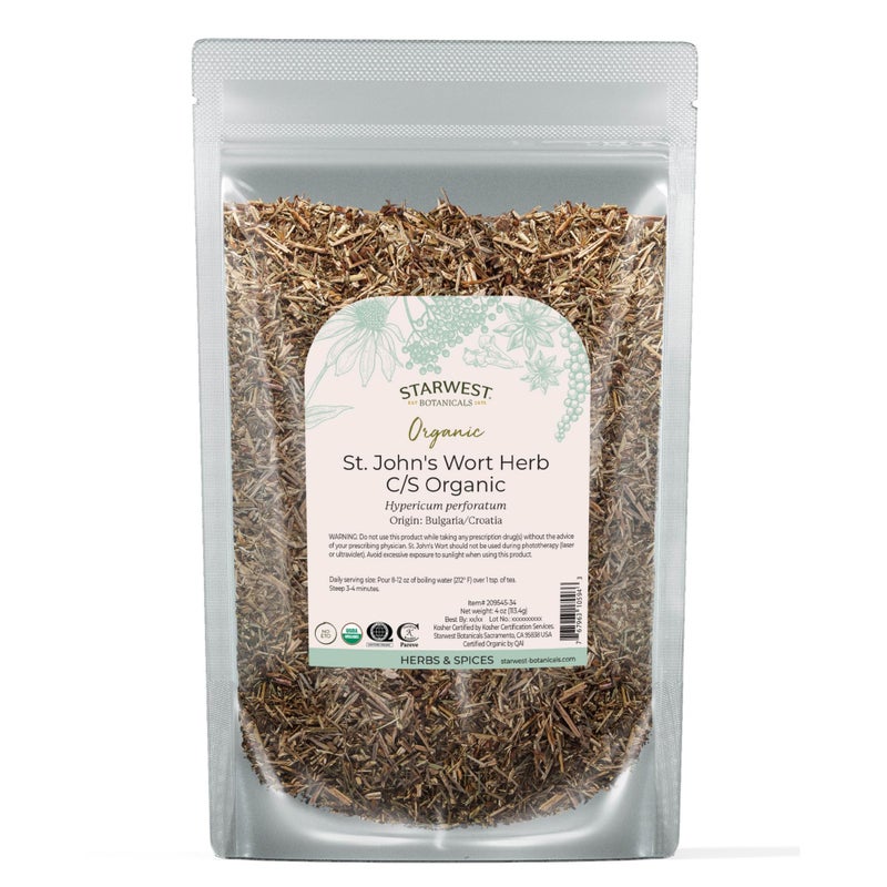 Starwest Botanicals نباتات ستارويست العضوية عشبة سانت جون المجففة أوراق فضفاضة للشاي مصنوعة من زهرة سانت جون تدعم الاسترخاء مقطعة منخولة معتمدة كوشير غير معدلة وراثيًا 4 أوقية كيس