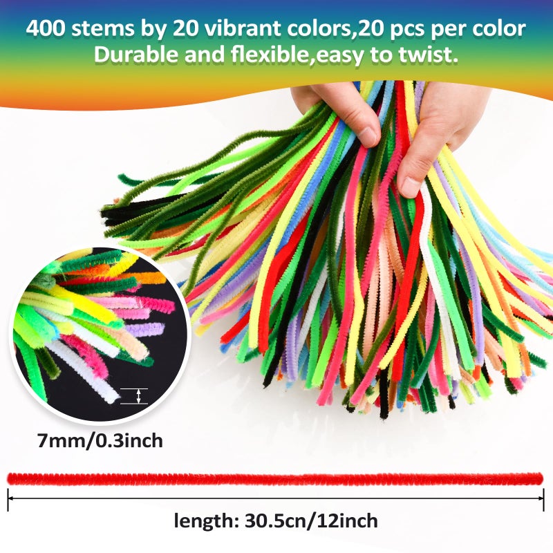 MITINU 400pcs Pipe Cleaners for Crafts 20 Assorted Color, Pipe Cleaner Chenille Stems, for Craft Supplies DIY Arts & Crafts Christmas Decoration(12inch x 7mm) - Image 3