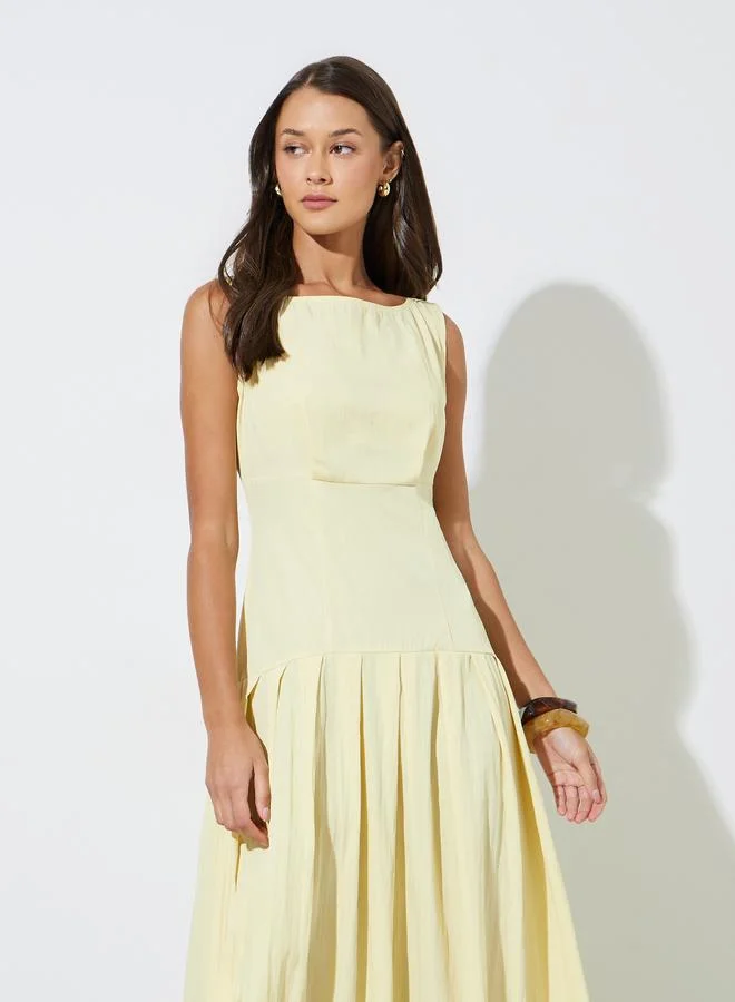 Styli  Yellow Solid Boat Neck Sleeveless A-Line Maxi Dress for Women | Best Price UAE
