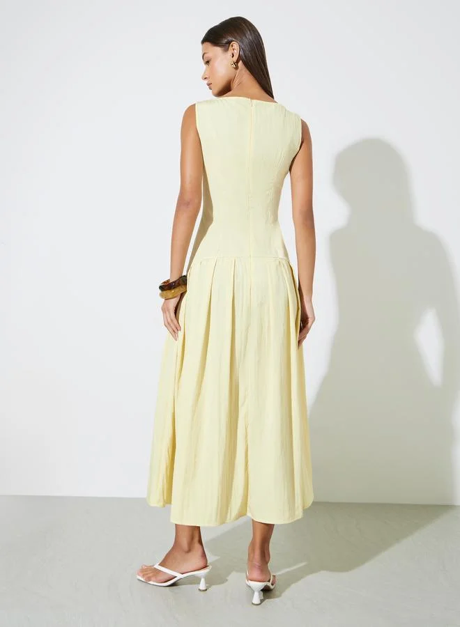 Styli  Yellow Solid Boat Neck Sleeveless A-Line Maxi Dress for Women | Best Price UAE