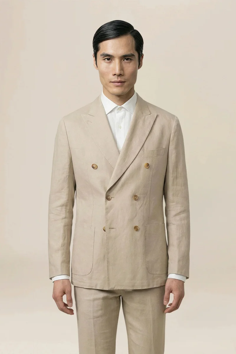 دوبل غانغر Unlined double-breasted men's jacket in 100% linen - Beige