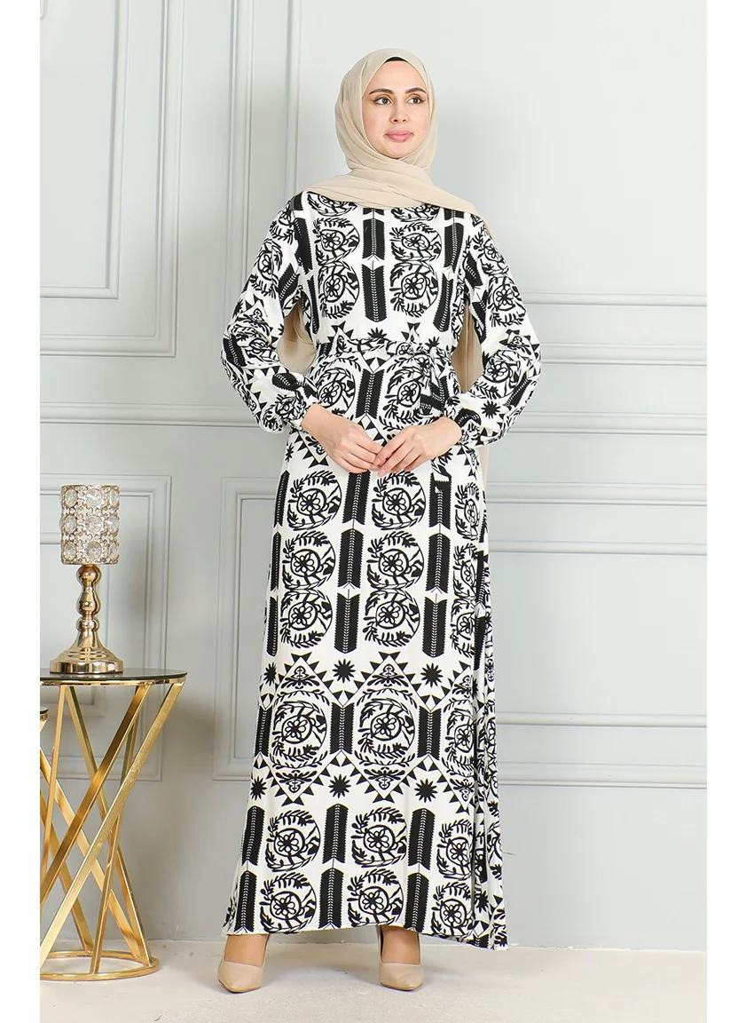 Sefa Merve Patterned Belted Viscose Dress 0499-02 White Black