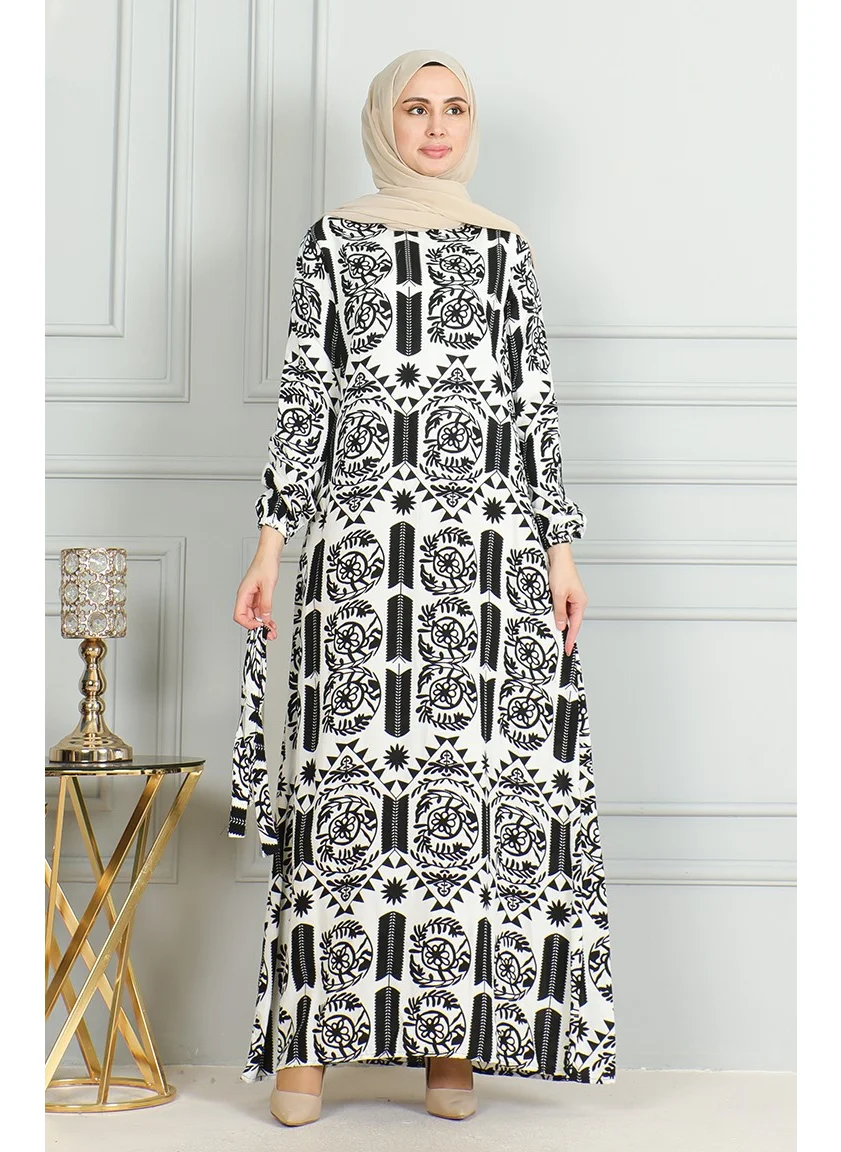 Sefa Merve Patterned Belted Viscose Dress 0499-02 White Black