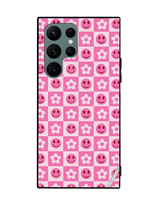 VR CREATIVE Protective Case Cover For Samsung Galaxy S22 Ultra 5G Checkered Hot Pink Retro Flowers And Happy Faces Seamless Pattern Design Multicolour - Image 1