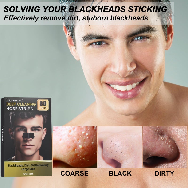 Charmonic 80 Pcs Blackhead Remover Pore Strips, Black Head Remover for Face, Natural Charcoal Nose Strips for Pore Cleaner, Large Size Nose Pore Strip for Men Women for Oil Blackheads & Whiteheads Remover - Image 3
