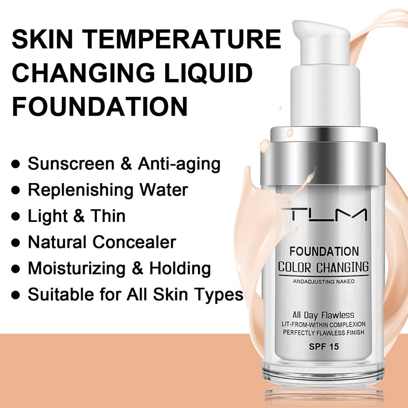 TLM 2 PACK TLM Color Changing Foundation Liquid Base,TLM Concealer Cover Cream,All Day Flawless Warm Skin Tone BB Cream Makeup Base Concealer for All Skin SPF15 - Image 2